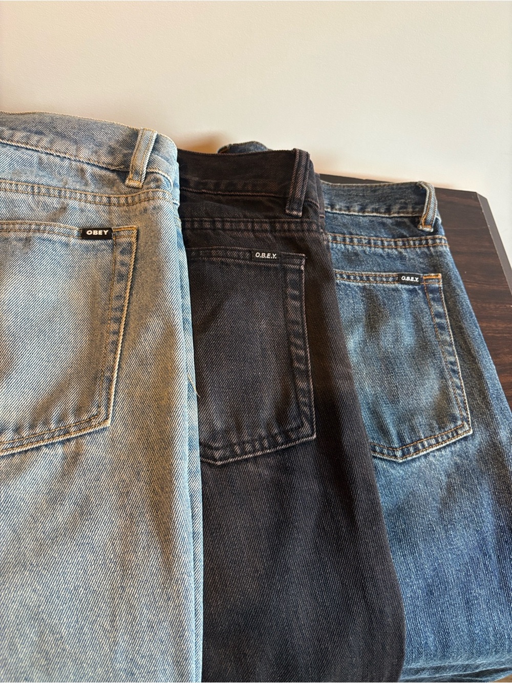 OBEY Bender Jeans 3-Piece Lot – Size 32 – Blue, Light Wash & Black